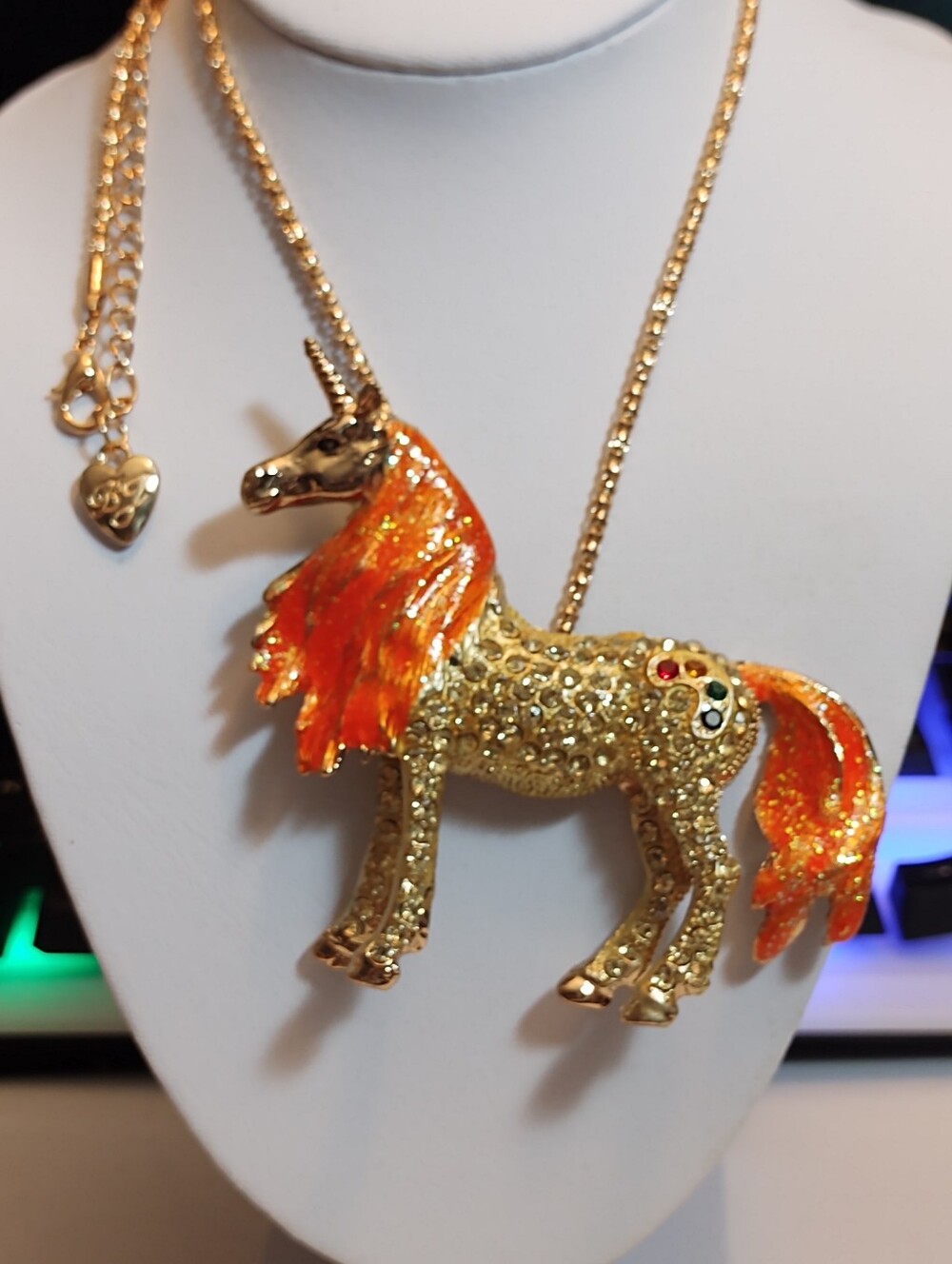 Rare Betsey Johnson Gold Unicorn Pendant Necklace with Orange Mane